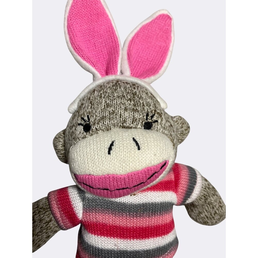Sock Monkey Plush Toy With Pink Bunny Ears And Striped Sweater 12 Inches Tall - Picture 2 of 10